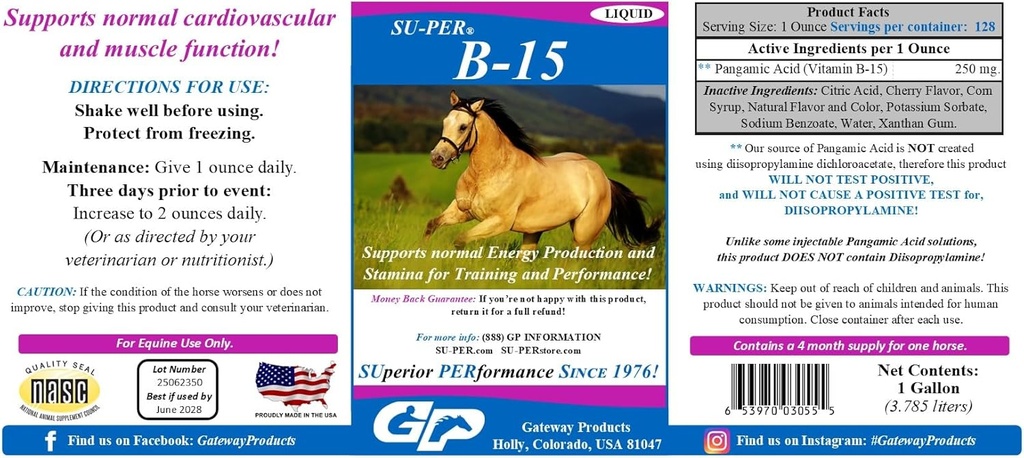 SU- PER B- 15 Suplement witaminy dla koni - Witamina Equine B- 15 Liquid for Performance Support - Wspiera normalne funkcje immunologiczne i mięśniowe układu krążenia - 1 Gallon, 4-miesięczne dostawy (120 dni)