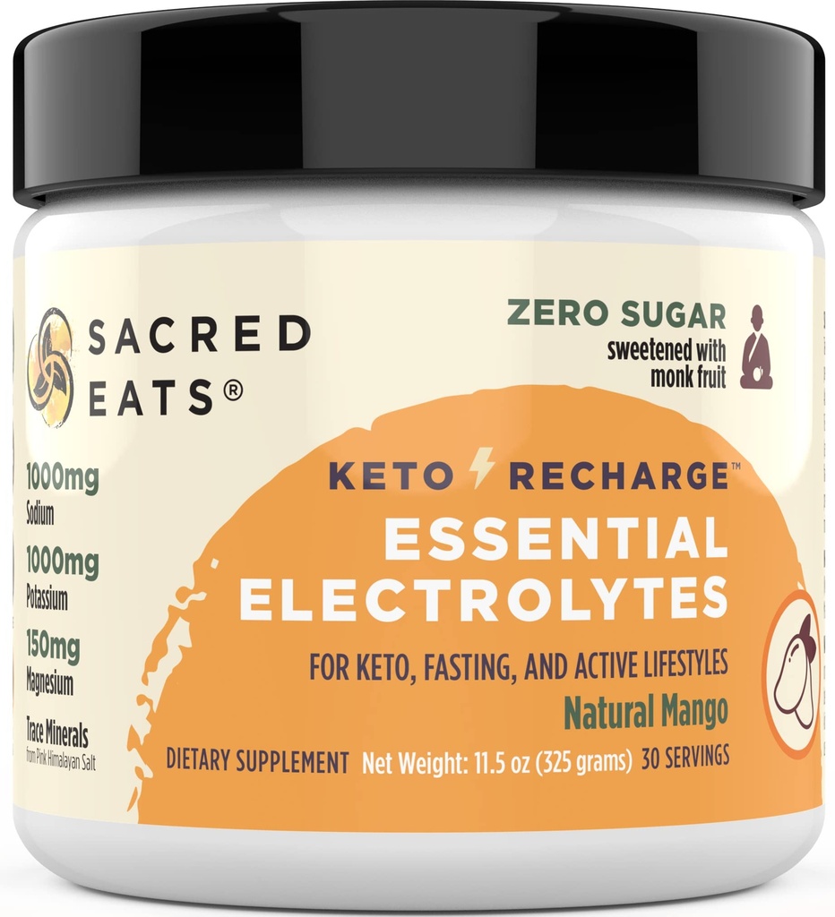 Keto Electrolyte proszek i suplement nawilżający 124; 1000mg potasu i sodu, 150mg magnezu i 124; bez cukru i Stevii, słodzony tylko z owoców mnicha 124; Natural Mango (30 Sług)
