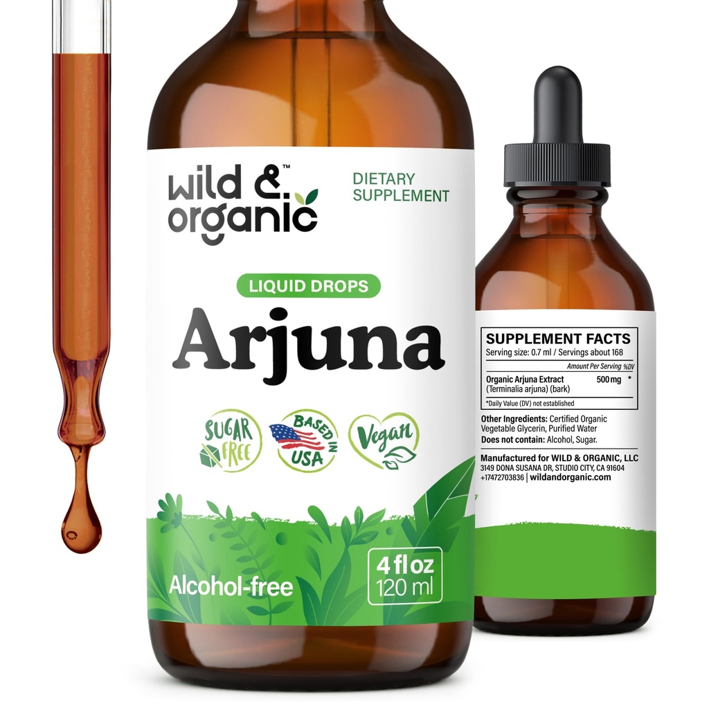 Wild & Organic Arjuna Bark Tincture - Ogólny suplement Well- Being Supplement - Bezalkoholowe krople płynne - Terminalia Arjuna Bark Extract - No Sugar & Additives, Non-GMO - 4 fl oz