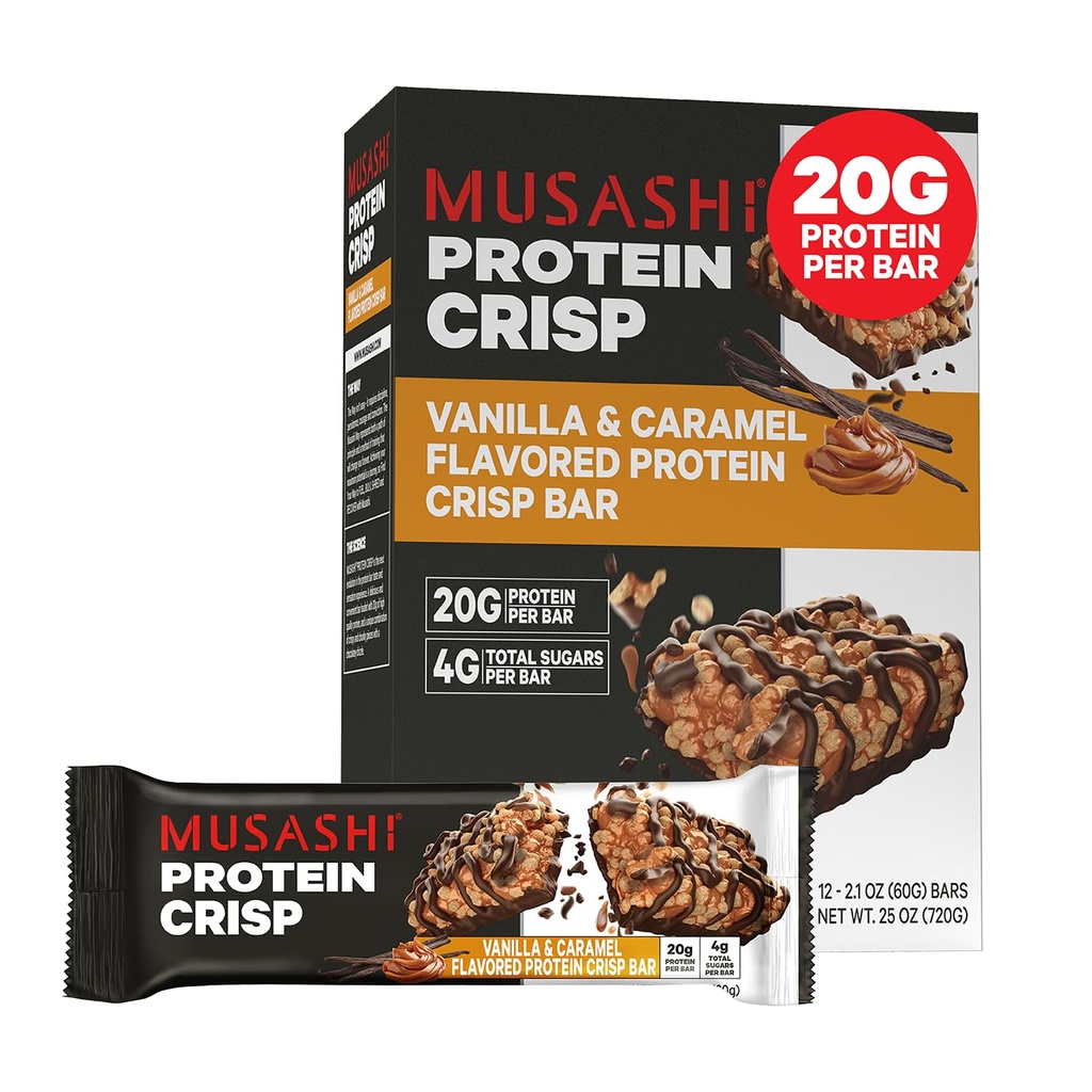 Musashi Protein Crisp Bar, 20 g Protein, 4g Sugary ogółem, Vanilla & Karmel, Post Workout i przekąski On The Go, 12 Pack of 2.1oz (60g) Bary