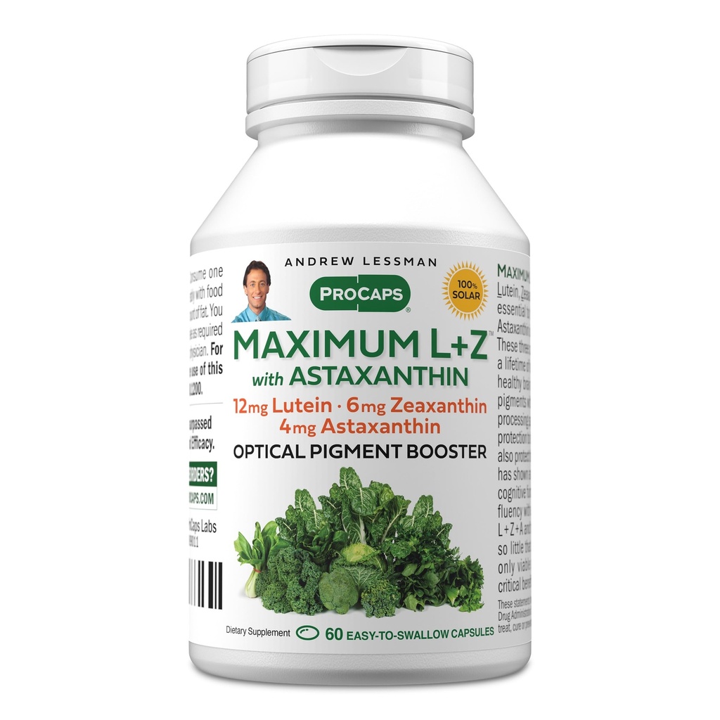 ANDREW LESSMAN Maximum L + Z z Astaksantyną 60 Softgels - 12 mg Luteina, 6 mg Zeaksantyna, 4 mg Astaksantyna. Kluczowe składniki odżywcze wspomagające zdrowie oczu i mózgu oraz promujące zdrowe widzenie.