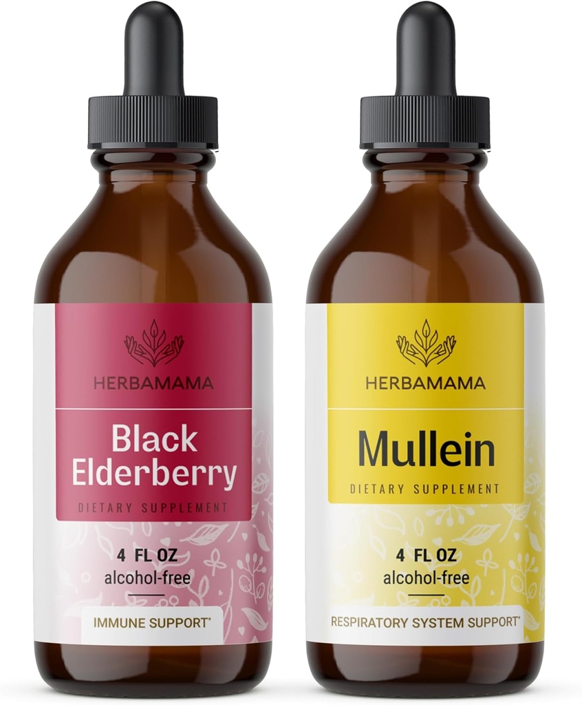 HERBAMAMA zestaw ziołowych kropli płynnych - zbiór Black Elderberry Extract i Mullein Leaf Tincture 4 fl oz - Wegan, Non-GMO, Cukier i Alkohol - 2 Pack