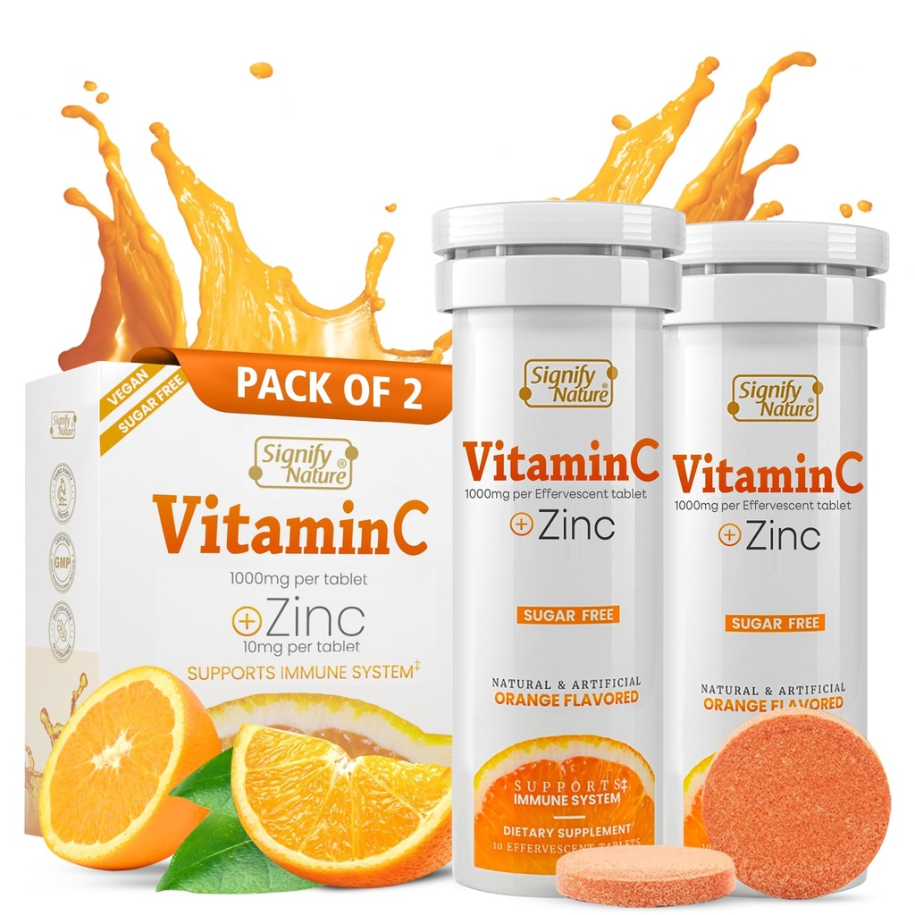 SIGNIFY NATURE Witamina C 1000mg tabletki musujące - Potężne wsparcie immunologiczne VIT C z suplementem cynku - Bez cukru i Wegan Formuła Montext 124; Rozpuszczalne tabletki witaminy C - Rozpuszczalny w wodzie Fizzy Elixir - 20CT