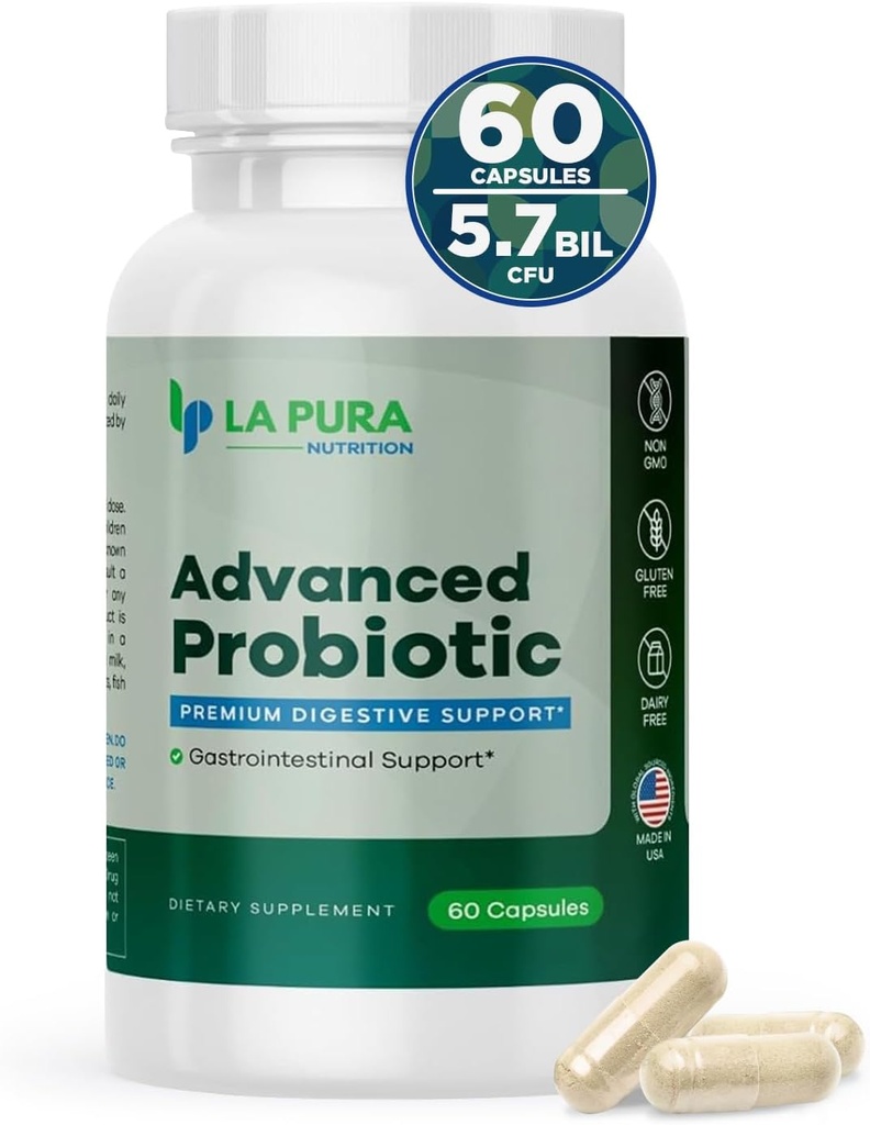 LaPura Advanced Probiotic - Premium Digestive Support for Gut & Immune Health, 60 Kapsułki - 5.75 Miliard CFU Probiotyki Włączając DE111 Strain (Bacillus subtilis) - Non-GMO, Gluten- Free, Made in USA