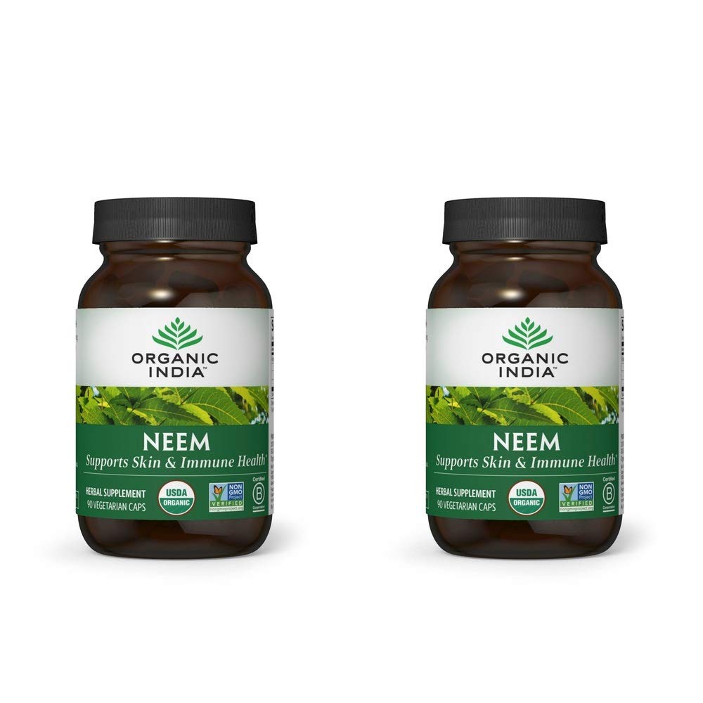 ORGANIC INDIA Kapsułki Neem Leaf, Suplement ziołowy - Wspiera skórę, immunologiczne, & Zdrowie wątroby, Detox, Wegan, Bez glutenu, USDA Certified Organic - 90 Kapsułki (2- Pack)