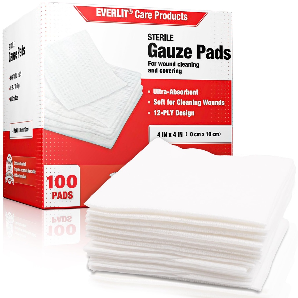 EVERLIT [Extra- Grube] 4 "x4" Sterylny gazer Pad 12- Ply, 100 Pack, Indywidualne owinięte, Ultra Absorbent Duże nietkane gaza medyczna gaza do zestawu pierwszej pomocy