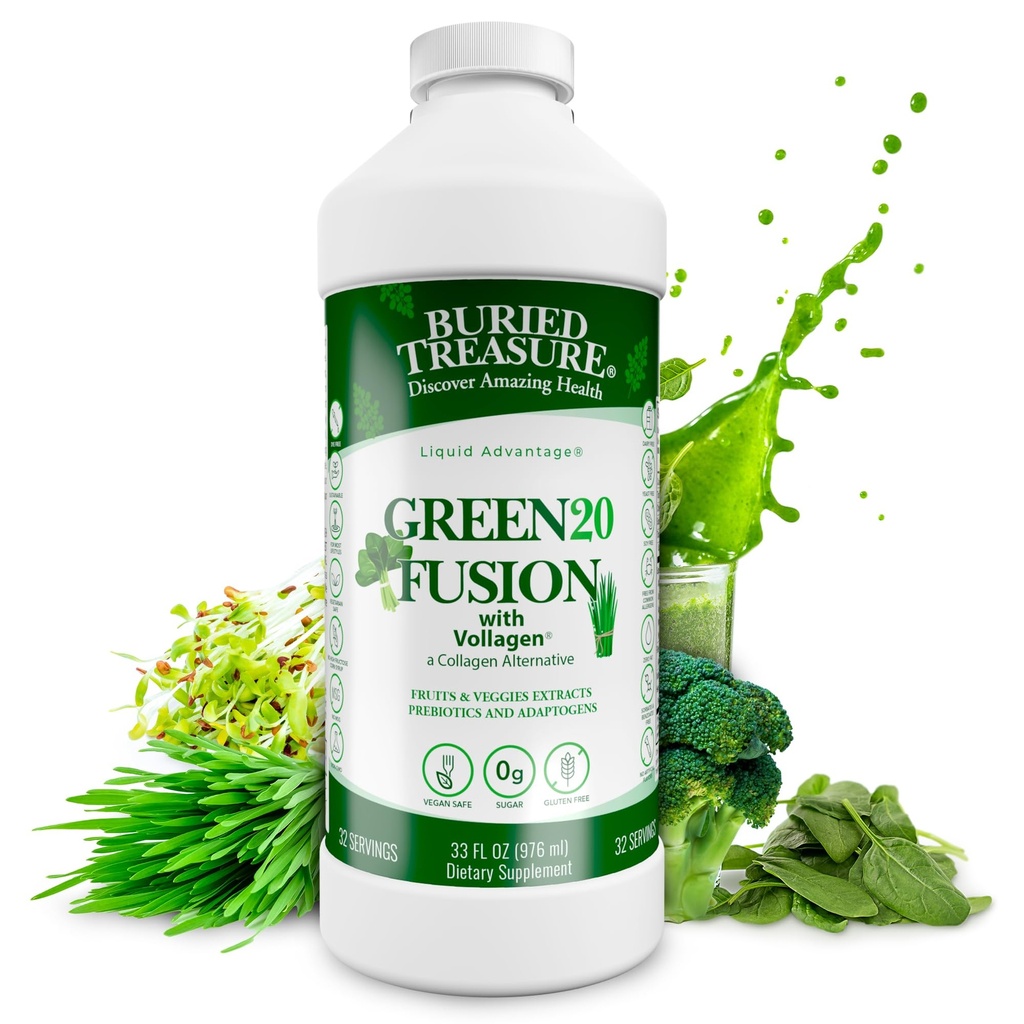 Pochowany skarb Green20 Fusion - Superfood Mieszanka z Vollagen dla skóry, włosów i wspólnego wsparcia, Plant- Based, Wegan, Non-GMO Gluten- Free, Dairy-Free, Soy- Free, 32oz Płyn
