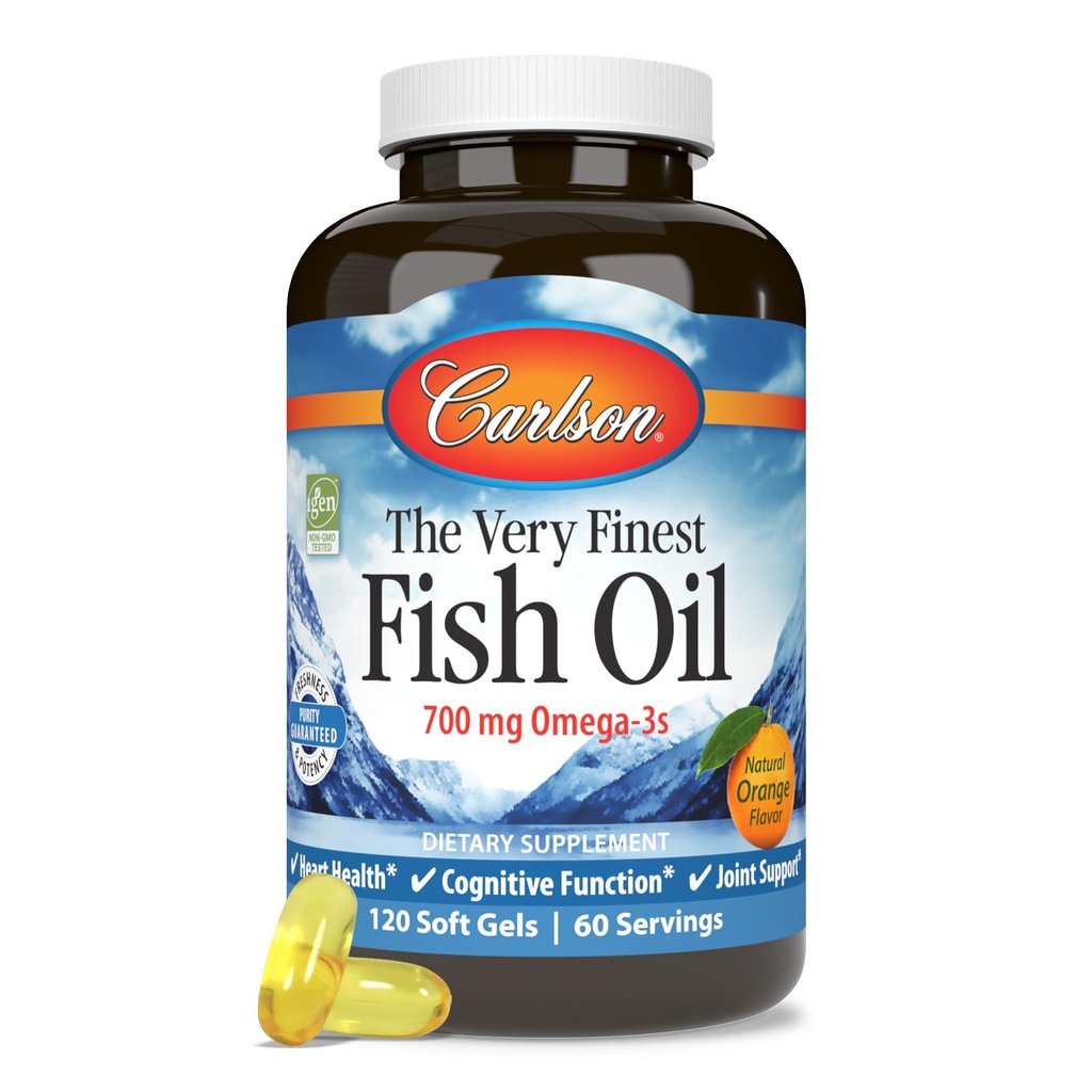 Carlson - Bardzo smaczny olej rybny, 700 mg Omega- 3, norweski suplement oleju rybnego, Wild Caught Omega 3 Fish Oil, zrównoważone sourced Fish Oil Capsules, Omega 3 Suplement, Pomarańcza, 120 Softgels