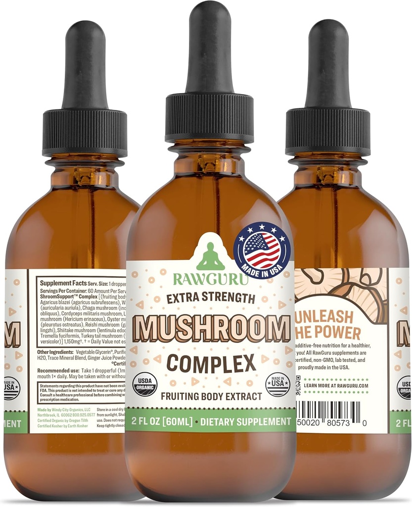 RawGuru Organic Mushroom Complex Tincture - Organic Mushroom Extract with Trace Minerals - Nanoprocessed Cognitive & Immunous Supplement - 60 Servings of Vegan Drops per 60 ml, Opakowanie 1