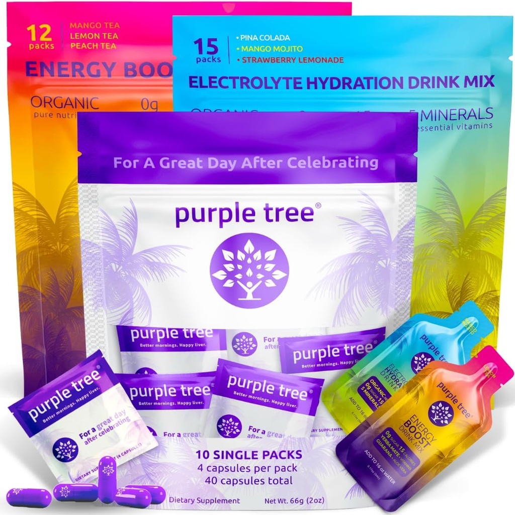 Fioletowe drzewo Premium 3x1 Combo: Post- Celebration Wellness Pills, Organic Hydration, Next Day Energy Stick Pakiety 124; 10 Party Bag Zestawy dla lepszych poranków i szczęśliwej wątroby, Wesela, Podróże, Bachelorette
