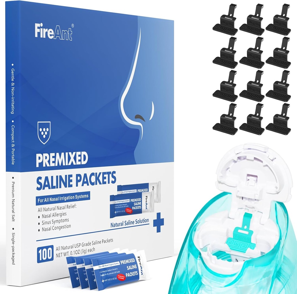 FireAnt 100 Saline Pakiety i 12 wielokrotnego użytku Saline Pody Repelling Set, Kompatybilny z Navage Nasal Care - Zawiera 100 Liczenie Soli Pakiety Sinus Rinse + 12 Pack Silikon Soli Pads Przepełnienie w czerni