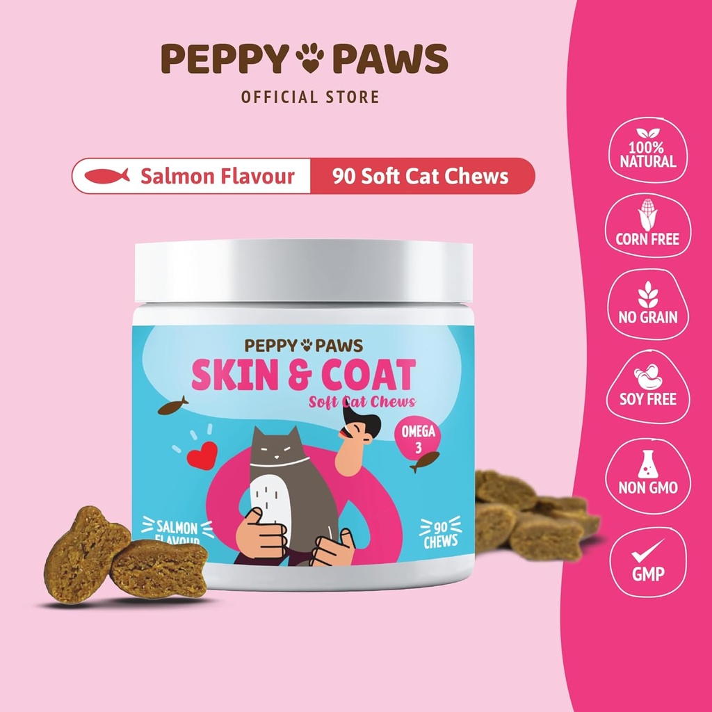 Skóra i Coat Chews for Cats - 90 Soft Chews Between 124; Salmon Flavor Between 124; z Omega 3, Vitamin & Biotin Supplement Between 124; Wspomaga Shiny Coat, Redukuje Shedding & Itching Between 124; dla Cat Dandruff & Allergy Relief