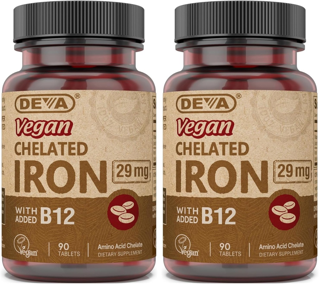 DEVA Nutrition Vegan Żelazo chelatowane 29 mg Ufortyfikowane z B- 12 - Wysoka moc, Łatwe do połknięcia - 90 Tabletki, 2 - Opakowanie