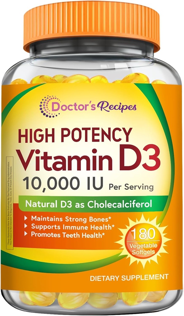 Lekarz 's Recipes Witamina D3 10000 IU, Kości, Zęby, i wsparcie immunologiczne, Non-GMO, No Gelatin, Gluten lub Soy, 90 Days Supply, 180 Softgels wegetariańskie