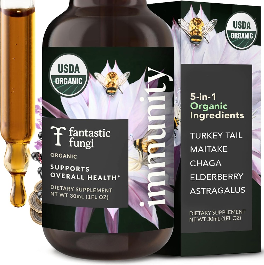Fantastic Fungi Mushroom Extract Drops - Immunitet Eliksir z Turcji Tail Mushroom Extract, Maitake, Elderberries, Chaga & Astragalus - 5- in-1 Organic Immune Supplement Supplement, 30 Servings, 1 fl oz