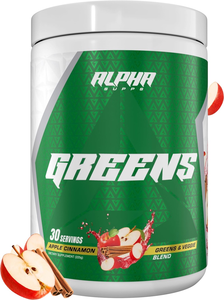 Alpha Supps - Alpha Greens Supplement Equipment 124; Fruit & Vegetable Superfood Proszek Equipment 124; Ponad 40 Natural Plant Based Ingredients Equipment 124; Prebiotic & Probiotic Digestive Support Blend - 30 Servings (Apple Cynamon)