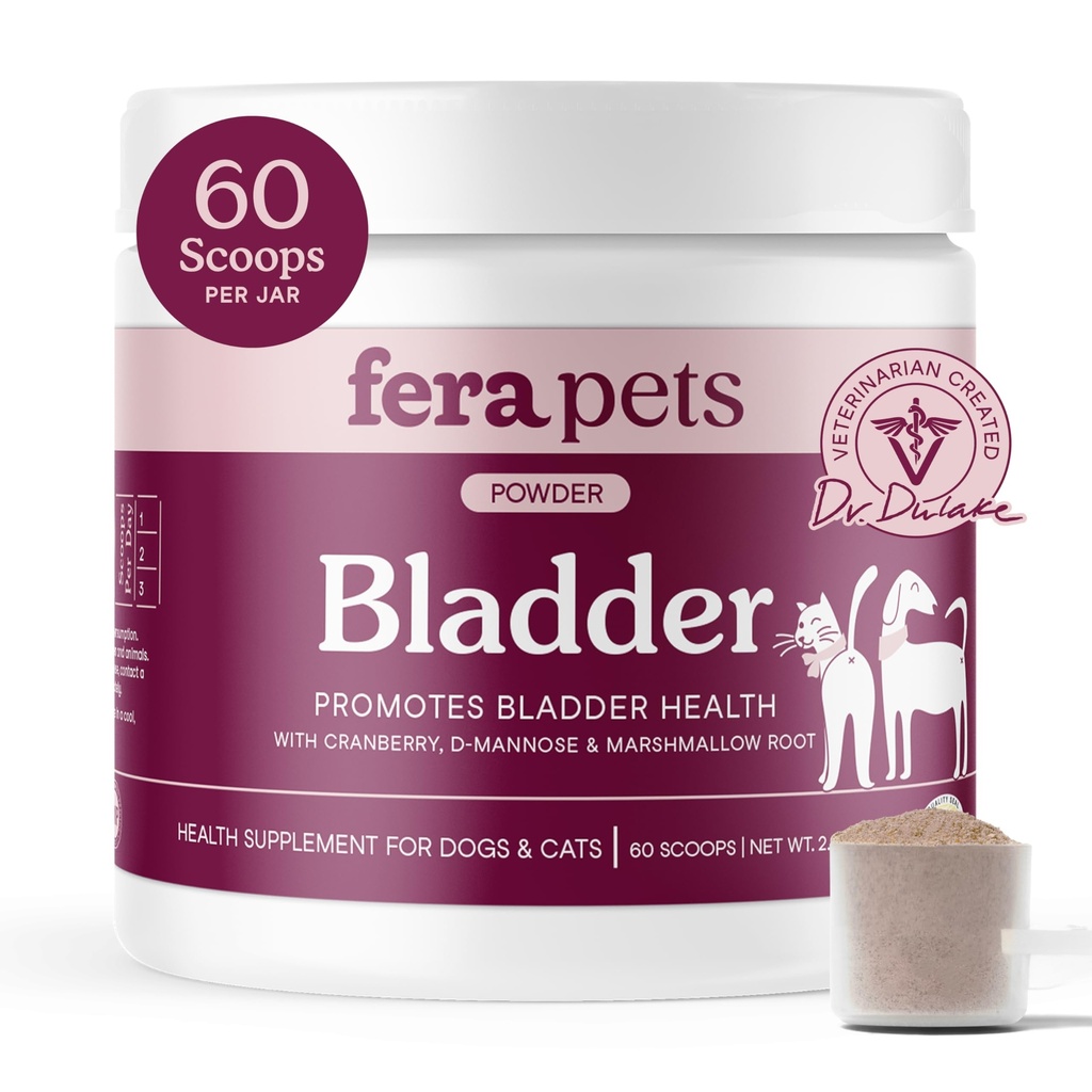 Fera Zwierzęta domowe Bladder Support - Żurawina dla psów i kotów - D- Mannose & Marshmallow Root - Wsparcie trakcji moczu - Wspiera normalne pH moczu - zwiększa odporność - 60 Scoops
