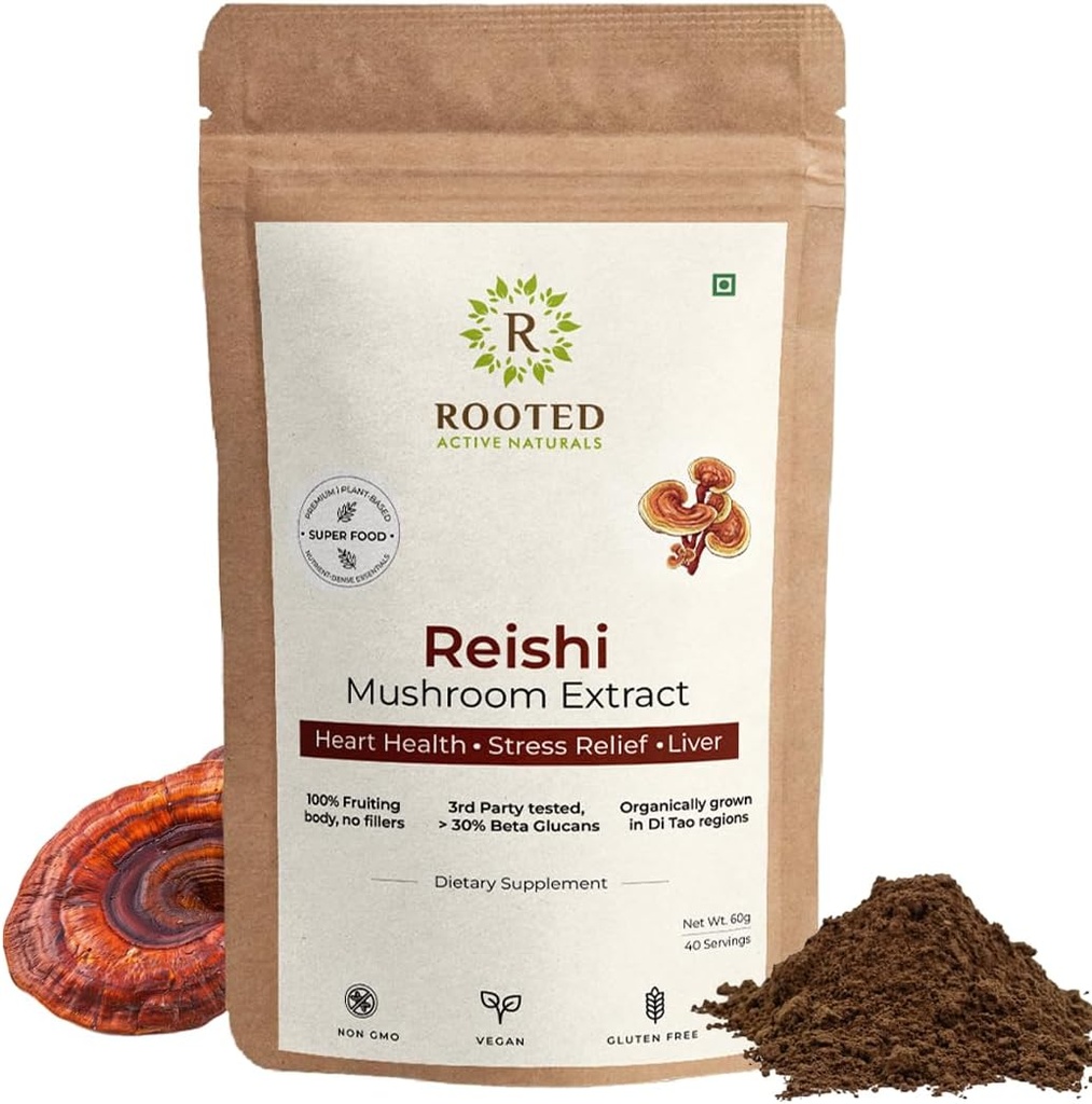 ROOTED Reishi Mushroom Extract Powder | Heart Health, Stress Relief, Liver. USDA Organic, 30% Beta Glucans, Certified Organic (2.11 Ounce)