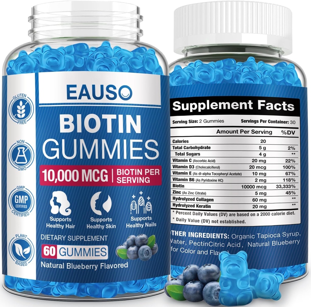 Dodatkowa siła Gummie Biotin 10,000 mcg dla silniejszych włosów, skóry i paznokci - 60 Gummies - Wegan, Non-GMO, Suplement do Zdrowia