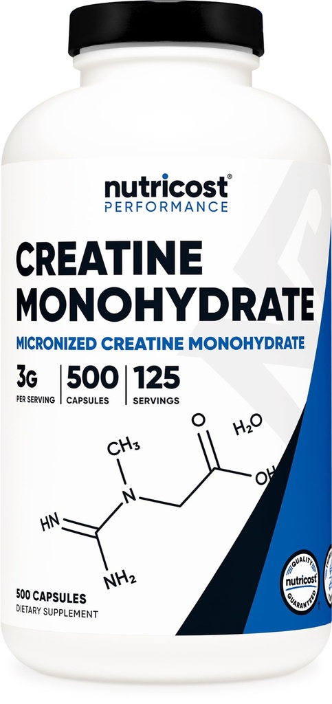 Nutricost Zmikronizowany Kreator Monowodzian 3,000 mg 500 Kapsułek, 125 Służb, 750mg Monowodzianu Kreatyny Na Kapsułkę