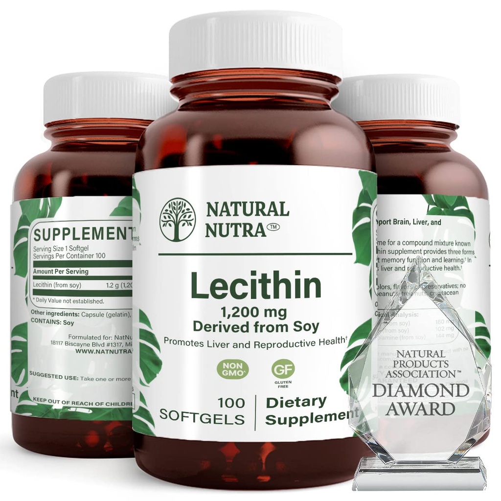 Natural Nutra Lecithina Soy 1200 mg Suplement diety - Funkcja mózgu, Zdrowie wątroby, Zdrowie piersi Hepls, Suplement wspomagający pamięć - Bez glutenu, Bez BPA-, 100 Softgeli w Butelkach szklanych Recyklible