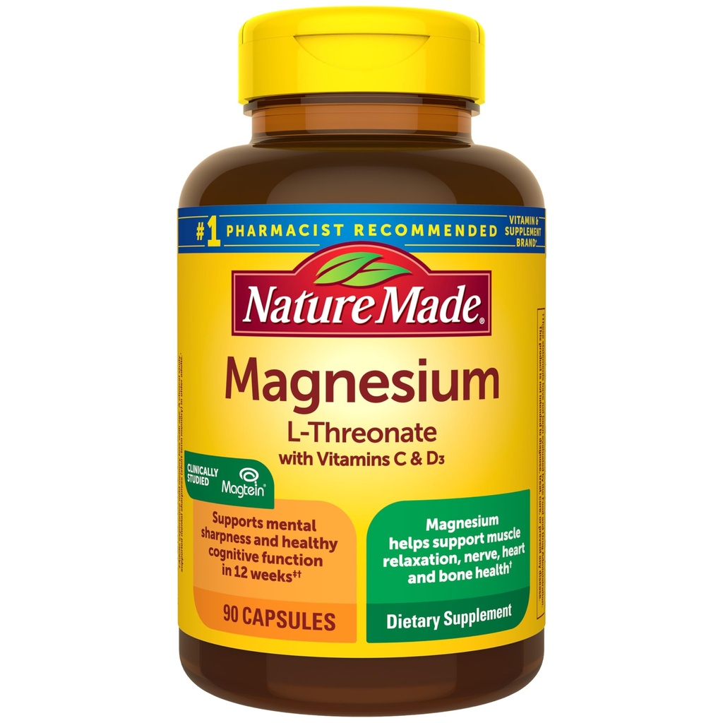 Nature Made Magnezu L- Threonian z witaminą C i witaminy D3, Zapewnia 130 mg Mag z 1800 mg Magnezu L Threonian, Wsparcie kognitywne suplement magnezu, 90 Kapsułki, 30 Day Supply