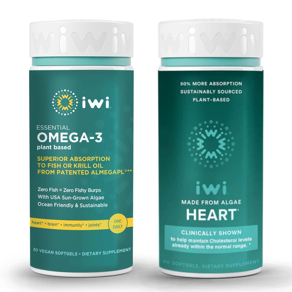 Iwi Omega-3 Essential & Heart Omega-3 Bundle, 30 Służenie, Vegan Plant- Algae Omega 3, Krill & Fish Oil Alternative, No Fishy Aftersmast