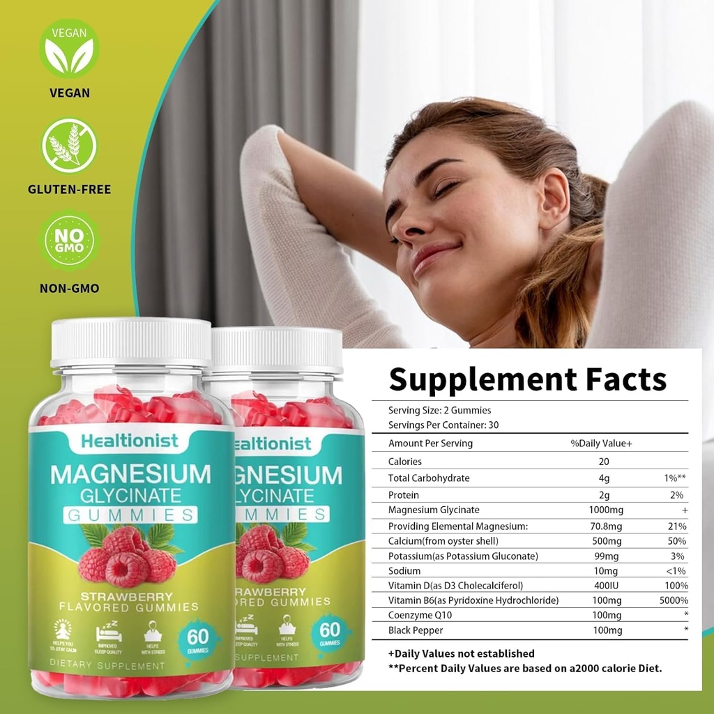 1 Opakowanie Gummies glicynian magnezu dla dorosłych i dzieci, Najlepszy suplement magnezu Gummy do snu, Stres & Mięśnie Relief & Nerve Zdrowie, 60 Liczby Gummies spokojne