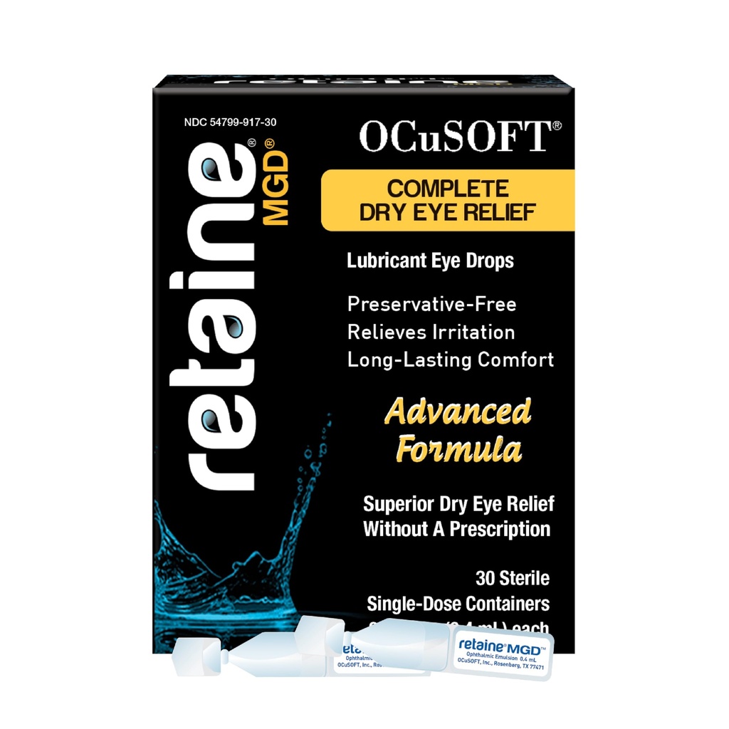 OCuSOFT Retaine MGD Emulsja oftalmiczna - Kompletna suchość oczu - Pociera czerwone i podrażnione oczy - 30 Konserwatorskie pojemniki do jednorazowego użytku - 0.01 Fl Oz