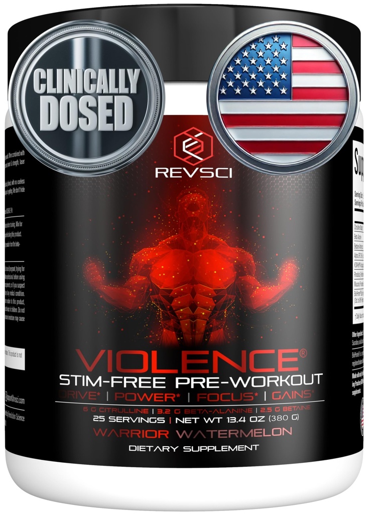 VIOLENCE Stim Free Pre Workout Powder by REVSCI, Precision Dated Non Stim Precreamping Pomp Pre Workout Cafeline Free Pre Workout Powder, Suplement pompy i Stymulant Free Azory, Arbuz, 25 Służenie