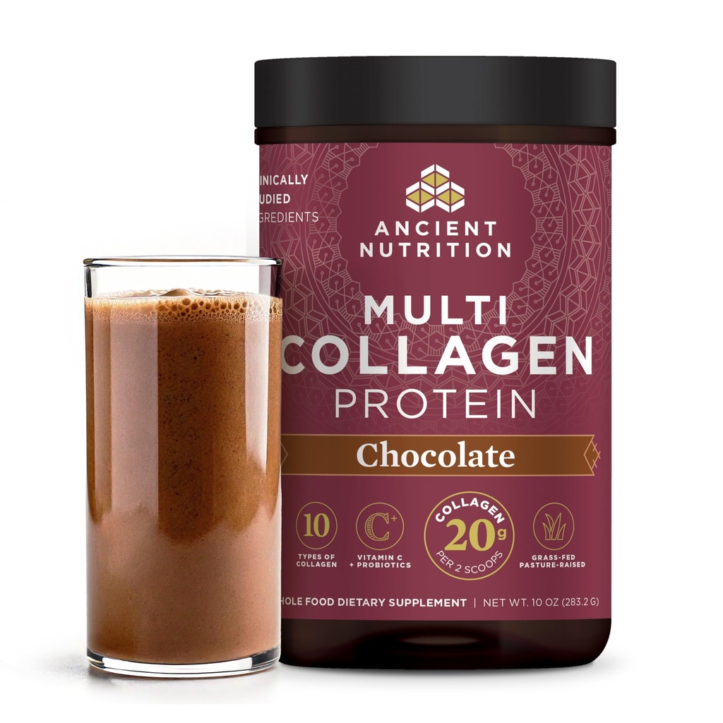 Ancient Nutrition Collagen Peptydes Proszek, Białko multi Kolagen, Kobiety i mężczyźni, Witamina C, Probiotyki, Zhydrolizowane Kolagen, Wspiera Skóra, Łączniki, Gut Zdrowie, Czekolada, 24 Służenie