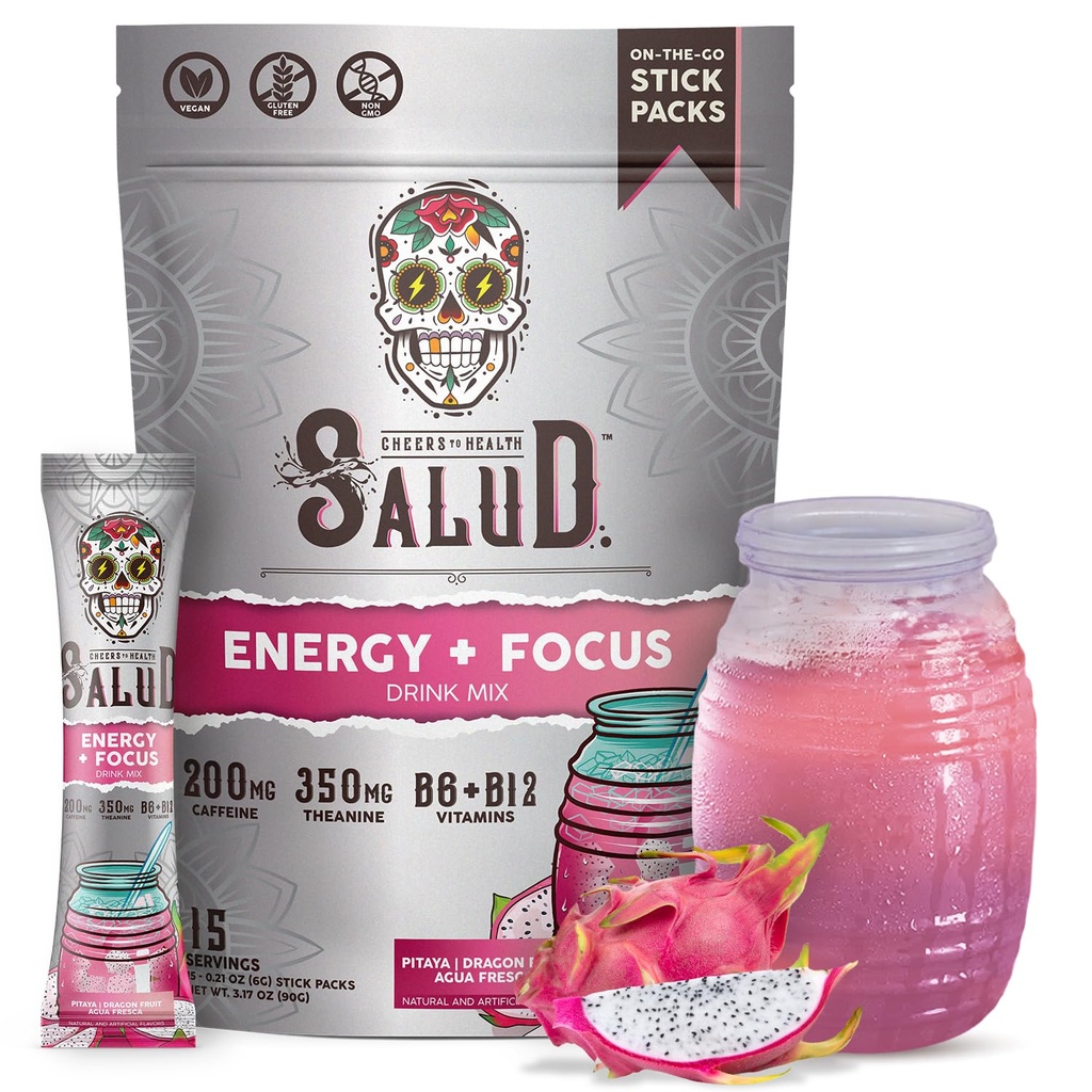 Salud 2- in-1 Energy Drink Powder + Focus, Dragon Fruit, Organic Cafeline, B6 + B12, Theanine, Clean Energy Drink Pakiety, Pitaya Agua Fresca Mix, Non-GMO, Gluten Free, Wegan, 1g cukru, (15 Sług)