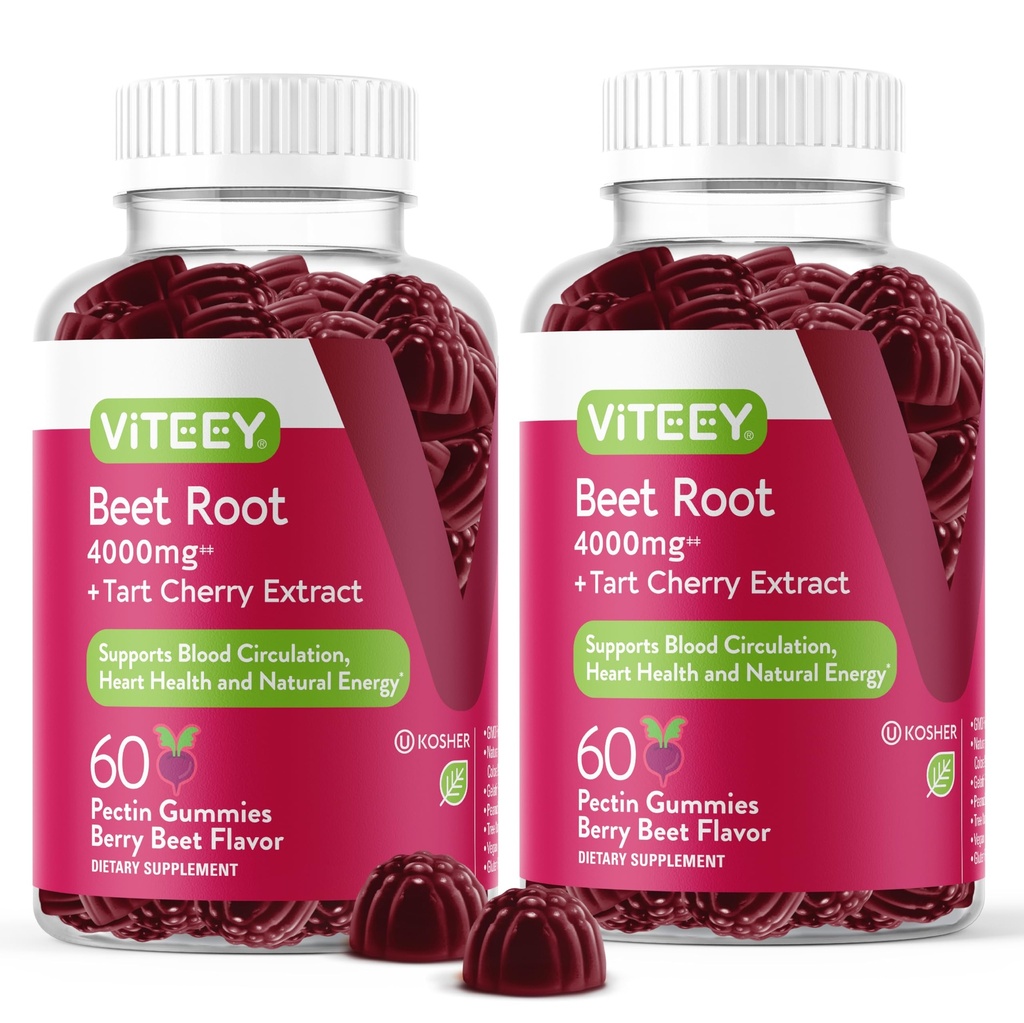 Viteey Beet Gummie korzenne z Tart Cherry - suplement buraczany dla zdrowia serca, Support ciśnienia krwi - Wegan, Gluten- Free - 120 Count