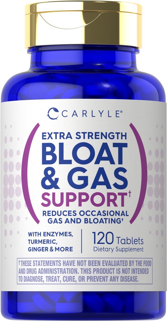 Carlyle Bloat & Gas Support dla mężczyzn i kobiet 124; 120 tabletek 124; Pigułki o dodatkowej mocy 124; Suplement z Enzymów, Turmeric, Ginger & More 124; Non-GMO & Formuła wegetariańska
