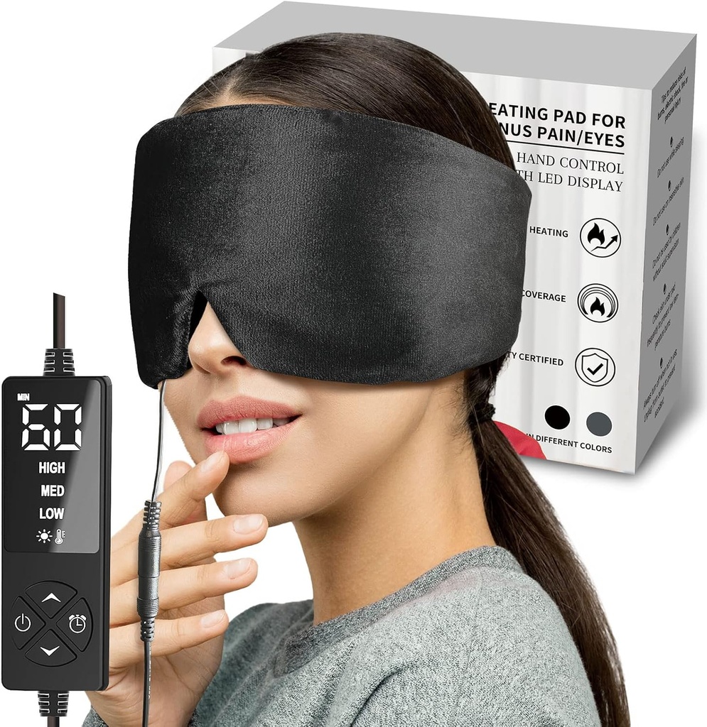 sticro Podgrzewana maska do oczu o bardzo dużym rozmiarach dla suchych oczu i odciążenia zatokowego, Ultra Soft Face Ogrzewanie Pad do odciążania głowy, Jaw TMJ Relief Pain - 3 Ustawienia temperatury & 5 czasu (czarny)