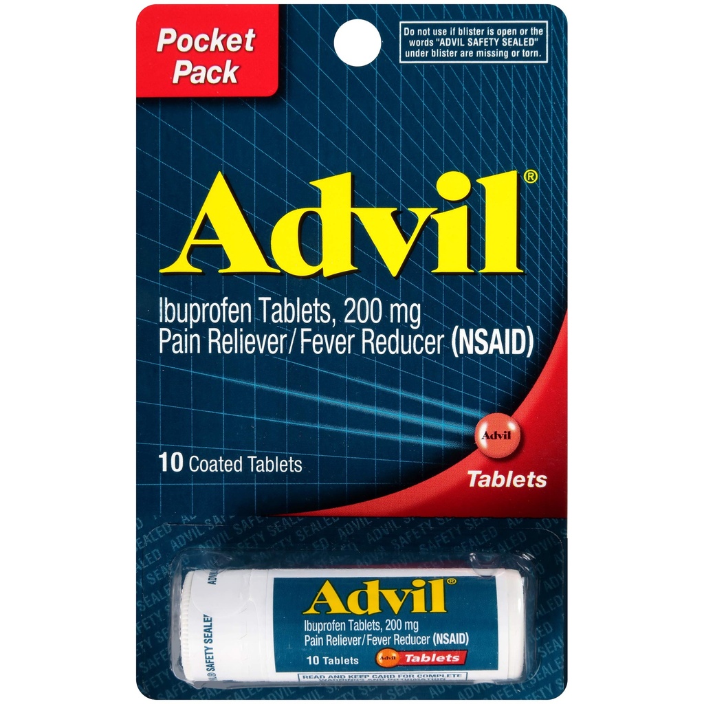 Advil Tabletki powlekane Reliever Pain i Fever Reducer, Ibuprofen 200mg, 4 x 10 Fiolka Count, Szybka ulga bólowa, Pocket Pack