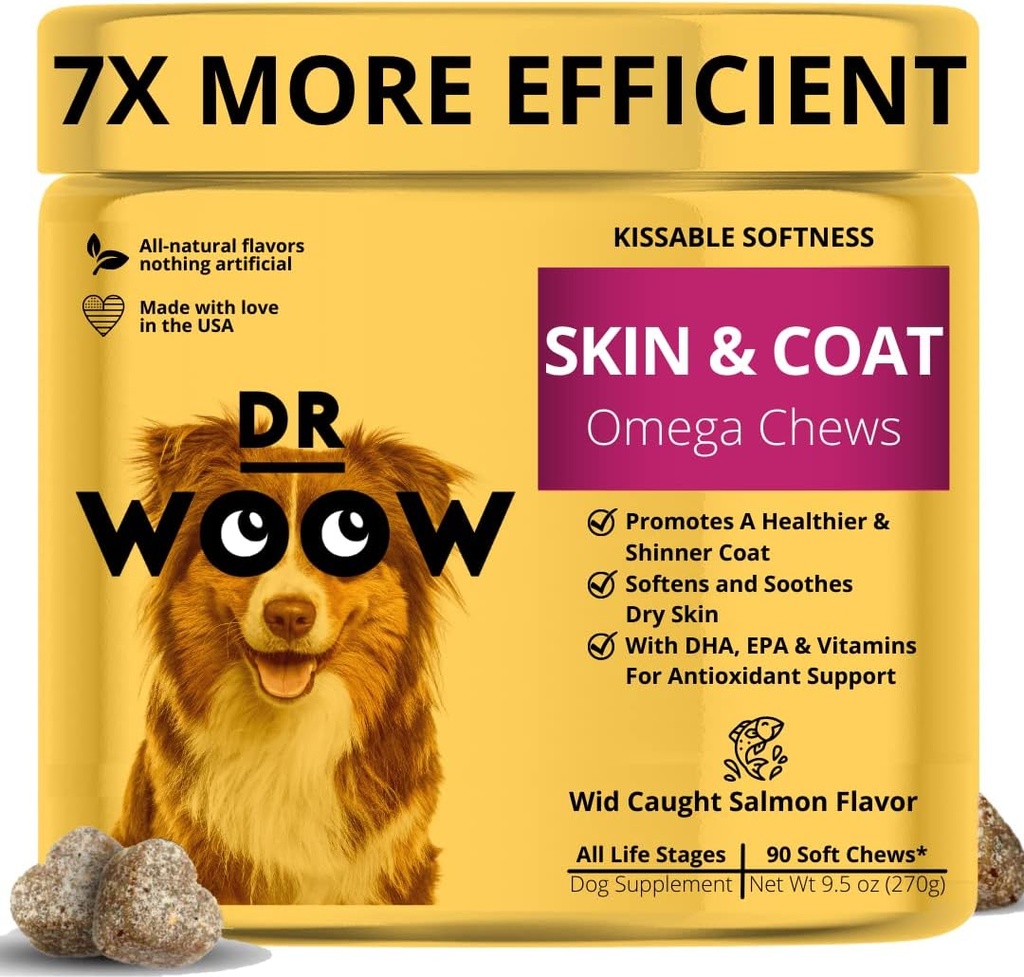 Omega Wild Alaskan Salmon Fish Oil 90 ct Soft Chews for Dog - Anti Itch & Coat + Alergy Support, z Kelp, Biotin, Witaminy, Cynk - Pomaga Swędzonej Skóry, Dog alergii, May Reduct Shedding
