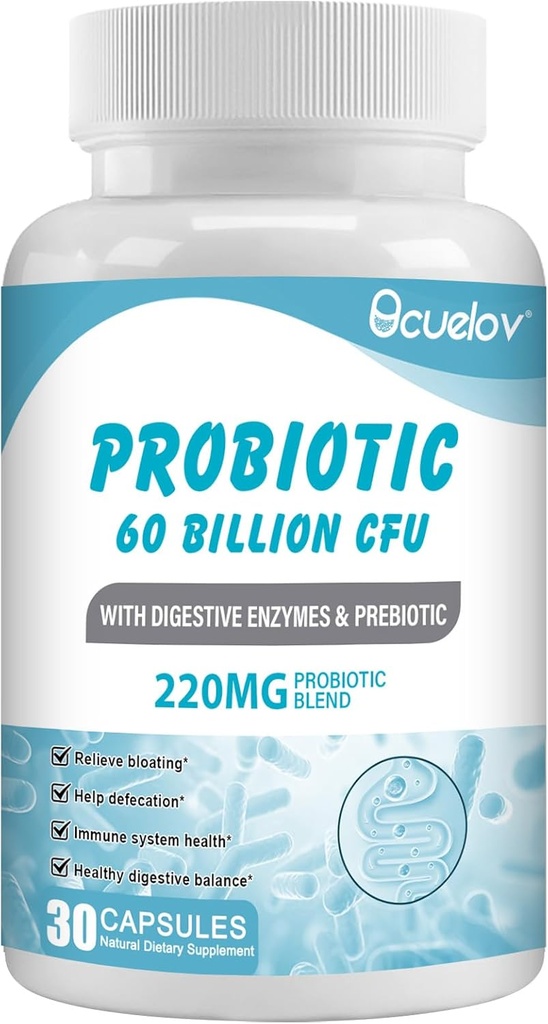Probiotyka 60 Miliard CFU z 10 Szczepów i 3 Prebiotyki Organiczne, Suplement do Probiotyki dla Kobiet Men Wsparcie Metabolizm, Immunitet i zdrowie pokarmowe, Non-GMO & Gluten Free, 30 Kapsułki