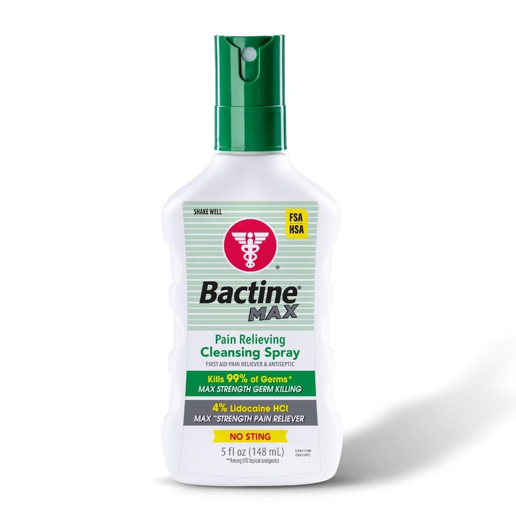 Bactine Max Pain Relieving Antiseptic Spray z lidokainą, Ból pierwszej pomocy + Itch Relief, No- Sting, Zabija 99% Zarazków *, 5oz