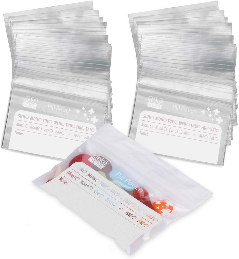 Deke Home - 250 Pack przezroczyste torby Resealable Pill (4x2.75 in), Travel Medicine Pouches z Write- Na etykiecie, BPA- Free Disposible Pill Organizator dla leków, witaminy i suplementy