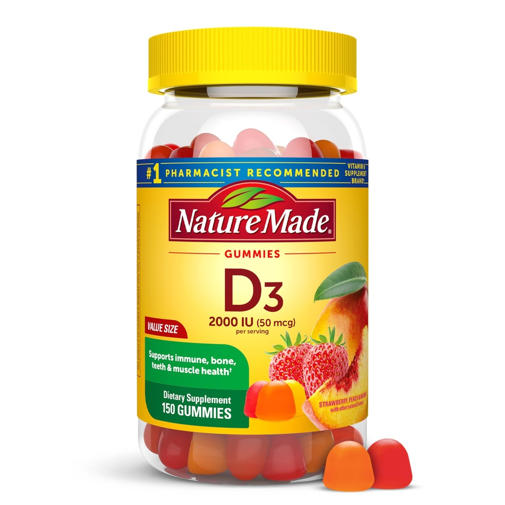 Nature Made Witamina D3 2000 IU Na Podawanie Gummies, Kości, Zęby, Mięśnie i immunologiczne Wsparcie Zdrowia, 75 Day Supply, 150 Gummies witaminy D dla dorosłych