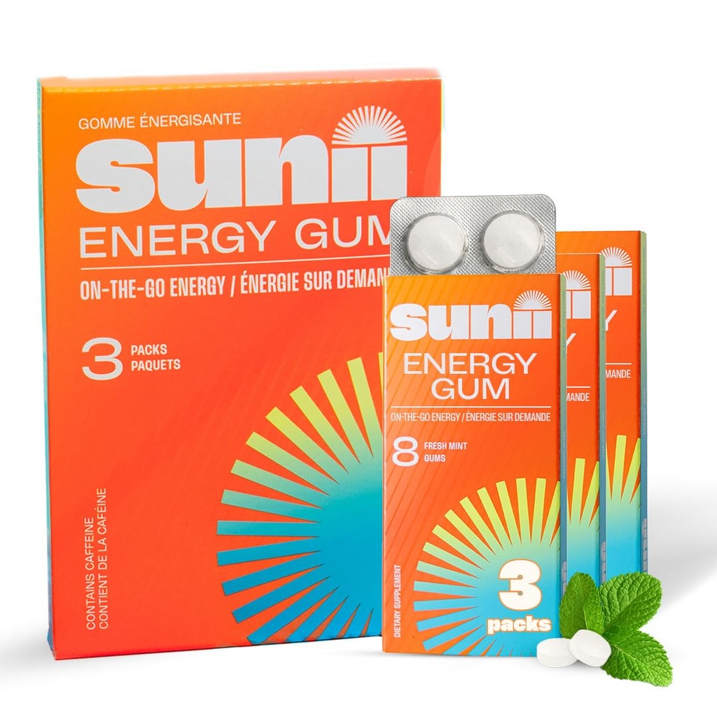 SUNII ENERGY GUM - New Quick Boost Energy & Focus - 50mg Caetine Gum -Vitamin B6 & B12, Tauryna, Wegan, No Sugar, Zero Calorie, Fresh Mint Taste - szybszy niż żucie, napoje, żele i tabletki (24szt)