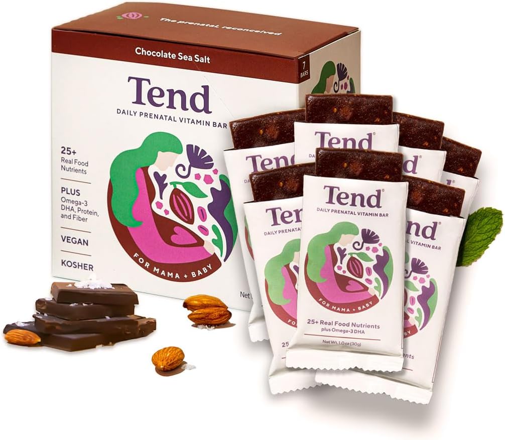 Tend Daily Best Prenatal Witamina Bar, Made with Organic Składniki dla ciężarnych i poporodowych matek, Zawiera DHA, Witamina D, B, Cholina, Folate - Sole z Morza Czekoladowego (7ct)