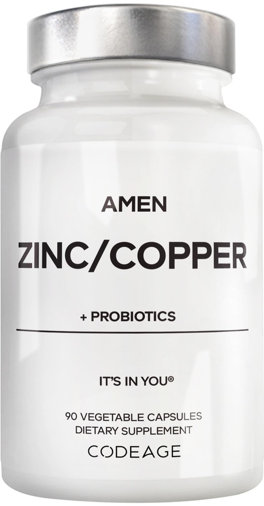Amen Cynk & Miedź Suplement + Probiotyki, 3 Miesiące Dostawy, Jeden dzień - 50 mg Pikolinatu cynku Pikolinate Witaminy - Podstawowe minerały Suplementy - 2 Miliard CFU Probiotyki - Wegan, Non-GMO, 90 Kapsułki