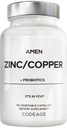 Amen Cynk & Miedź Suplement + Probiotyki, 3 Miesiące Dostawy, Jeden dzień - 50 mg Pikolinatu cynku Pikolinate Witaminy - Podstawowe minerały Suplementy - 2 Miliard CFU Probiotyki - Wegan, Non-GMO, 90 Kapsułki