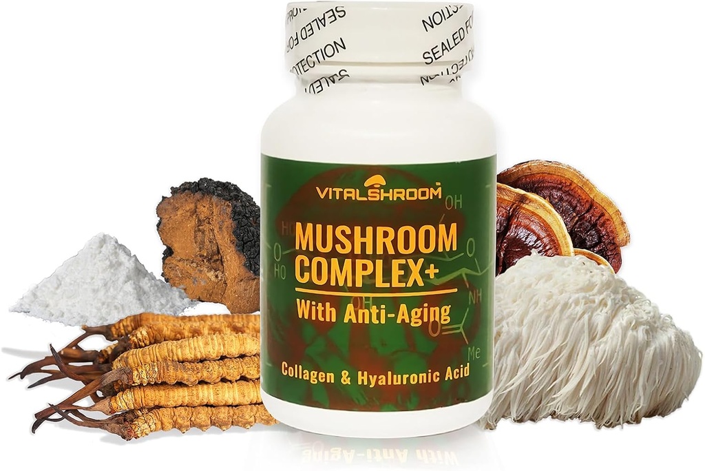 Mushroom Complex z antystarzeniem. Natural Mushrooms - Based Anti- Aging Supplements with Chaga, Lew 's Mane, Cordyceps, Reishi, Collagen, Kwas hialuronowy, Witaminy B1, B2, B6, C, D.