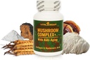 Mushroom Complex z antystarzeniem. Natural Mushrooms - Based Anti- Aging Supplements with Chaga, Lew 's Mane, Cordyceps, Reishi, Collagen, Kwas hialuronowy, Witaminy B1, B2, B6, C, D.