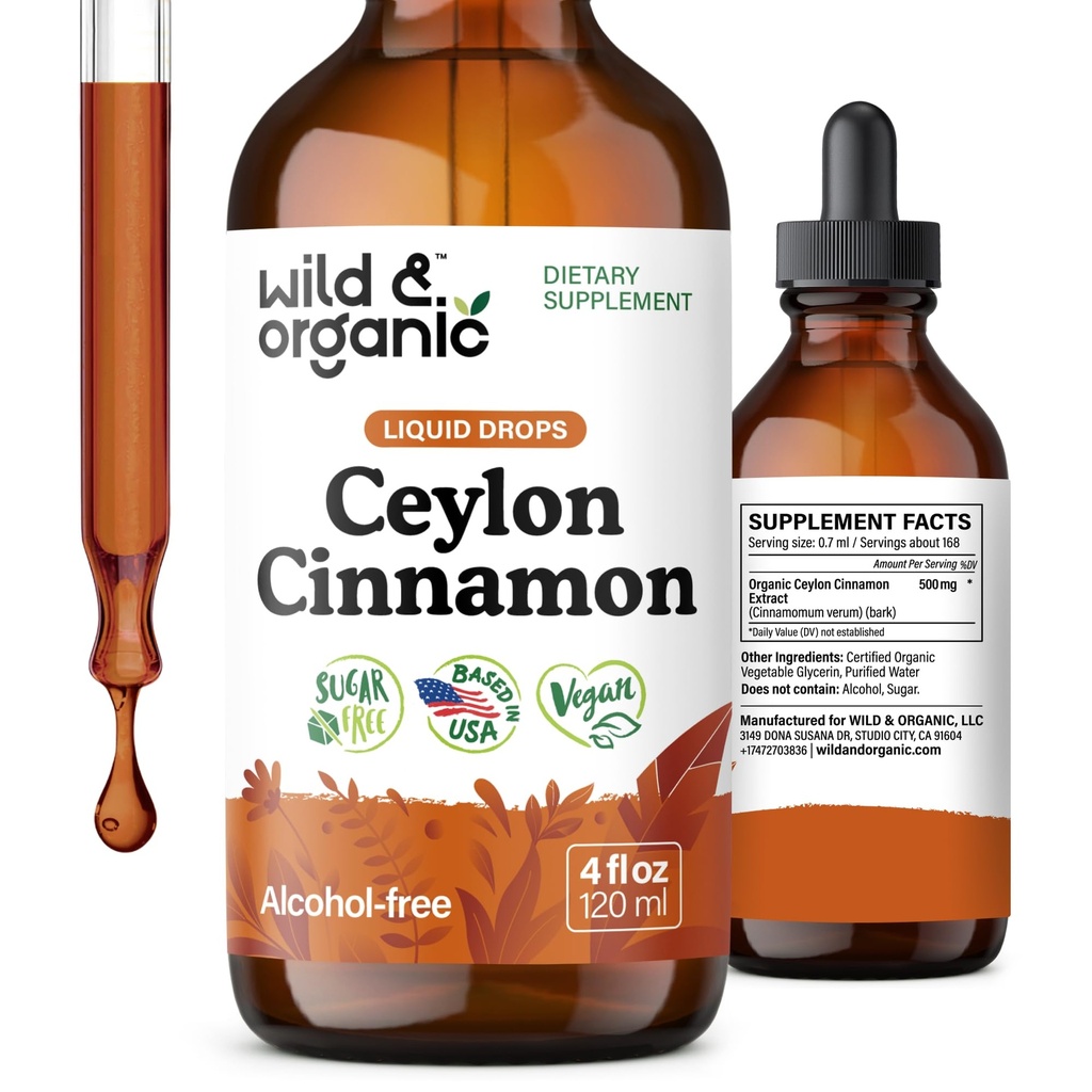 Wild & Organic Ceylon Cynamon Tincture 500 mg - Płynny Cynamon Suplementy dla Ogólnego Wsparcia - Cinnamomum Verum Bark Extract - Wegan, Cukier & Alkohol-Bezwodny, Non-GMO - 4 fl oz