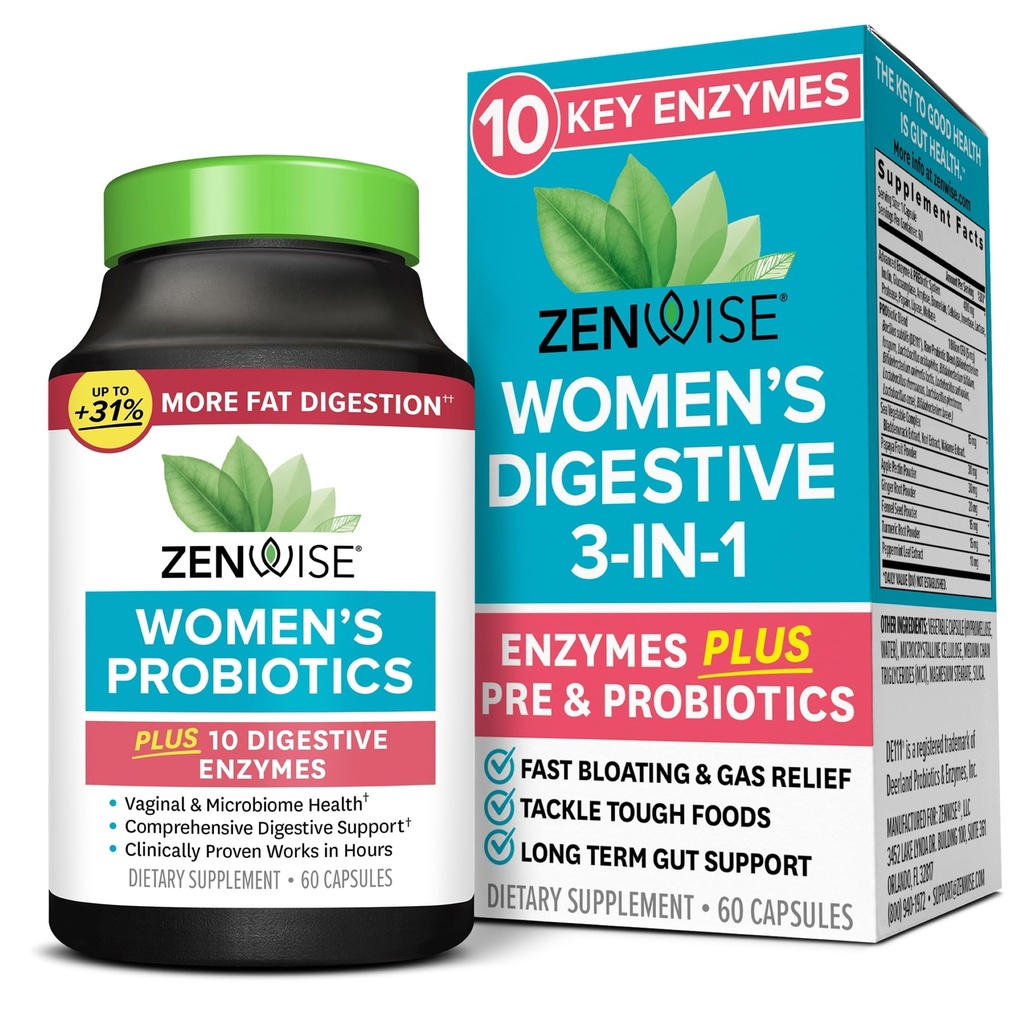 Zenwise Health 3- in-1 Womens Probiotic Supplement for Digestive, Gut Flora & Vaginal Health - Daily Probiotics & Prebiotics for Women with Digestive Enzymes Supports Bloating & Gas Relief - 60 Count