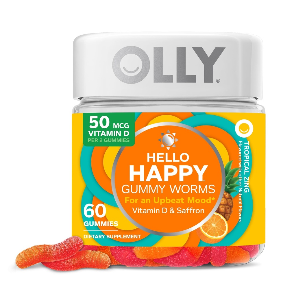 OLLY Witam Happy Gummy Worms, Mood Balance Support, Witamina D, Szafran, Dorosły suplement do żucia, Tropikalne Zing - 60 Count